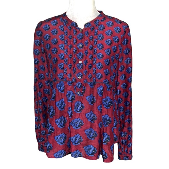 RARE J.Crew Burgundy Red & Blue Floral Rose Printed Pintucked Pleated Top - 6 - Picture 1 of 9